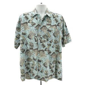 Vintage M.E. Sport Hawaiian Blue Postcard Button Shirt Mens Large